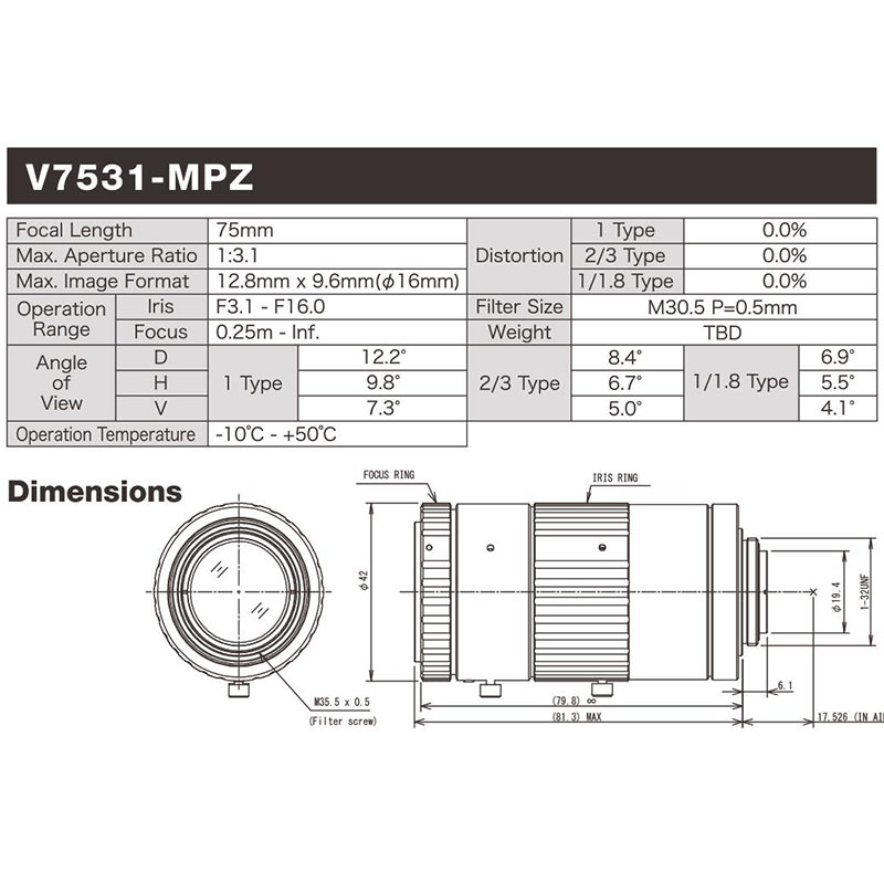 Computar C-mount  V7531-MPZ镜头  